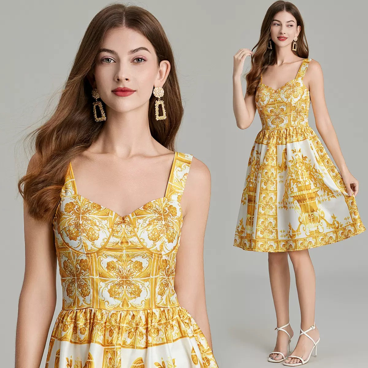 Retro-print structured strapless dress