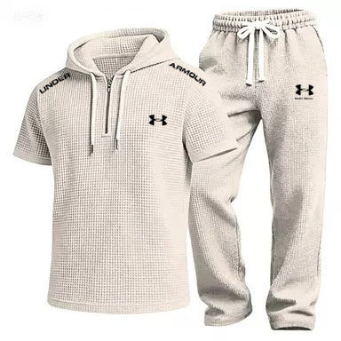 Men's Waffle-Knit Short-Sleeve Hoodie and Shorts Set