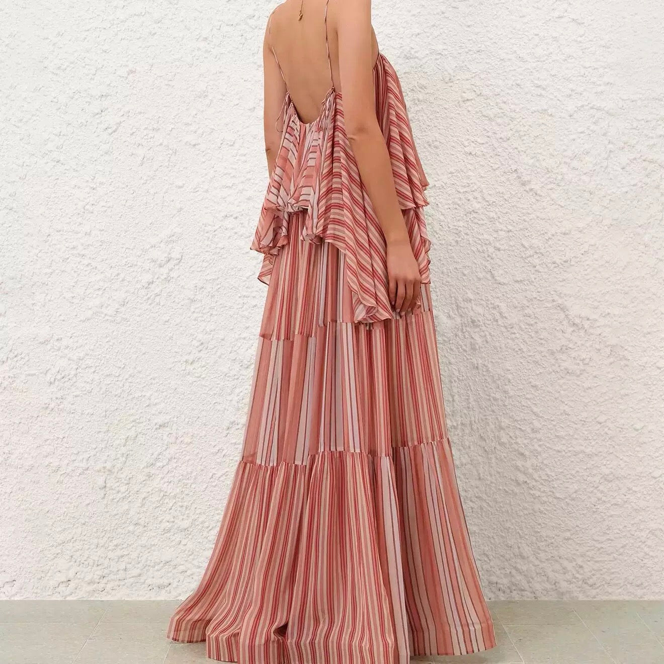 Color-block Striped Ruffled Dress