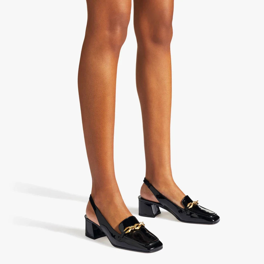 JC**    1: 1 VIP Soft patent leather chain-embellished slingback pumps