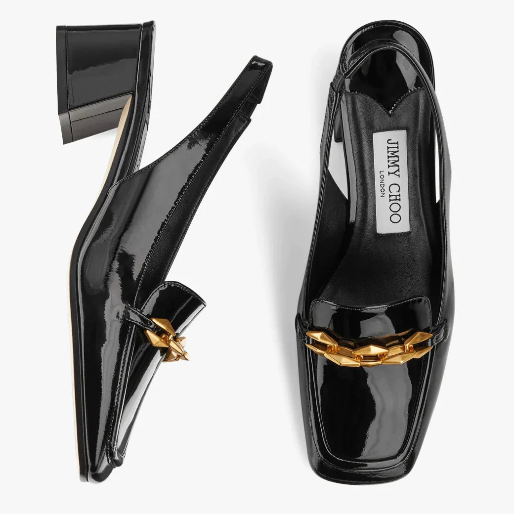 JC**    1: 1 VIP Soft patent leather chain-embellished slingback pumps