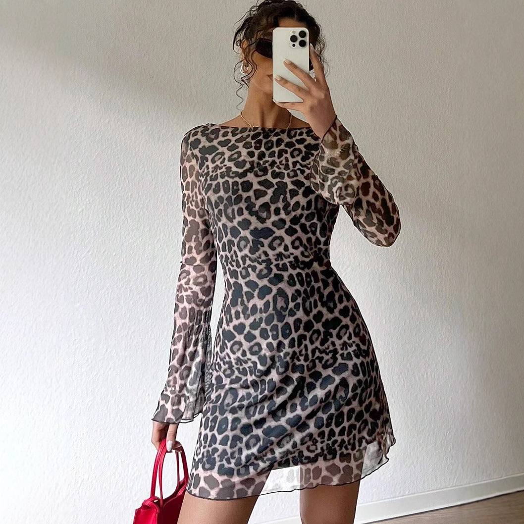 Backless Leopard Print Long Sleeve Dress