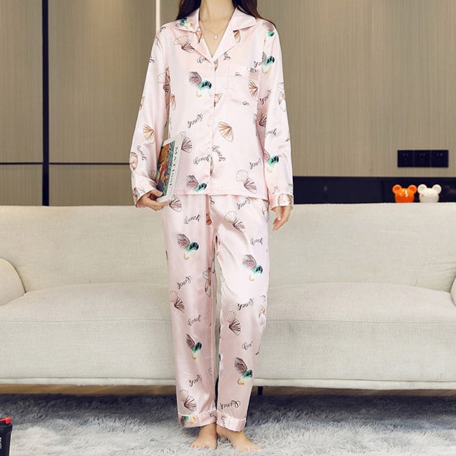 Printed Collar Long Sleeve Shirt 2 Piece Pajama Set