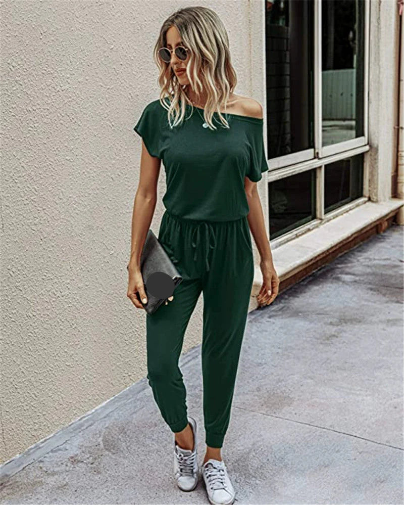 Slanted Shoulder Short Sleeve Pocket Jumpsuit