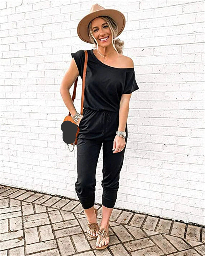 Slanted Shoulder Short Sleeve Pocket Jumpsuit