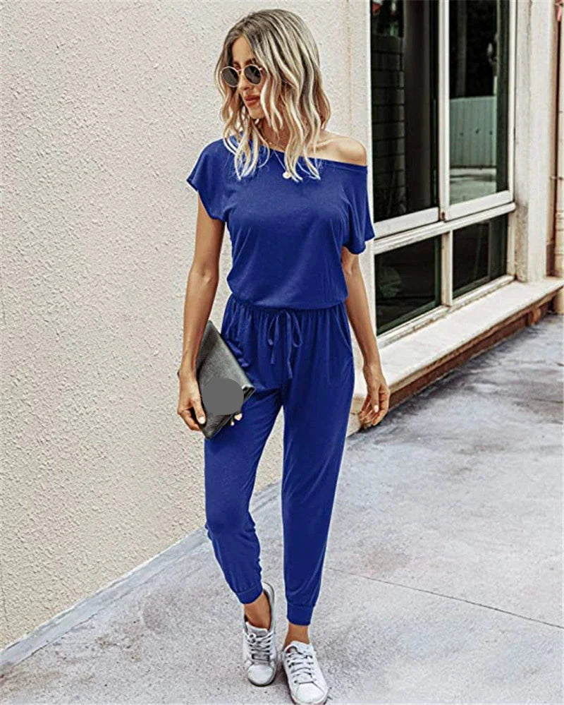 Slanted Shoulder Short Sleeve Pocket Jumpsuit
