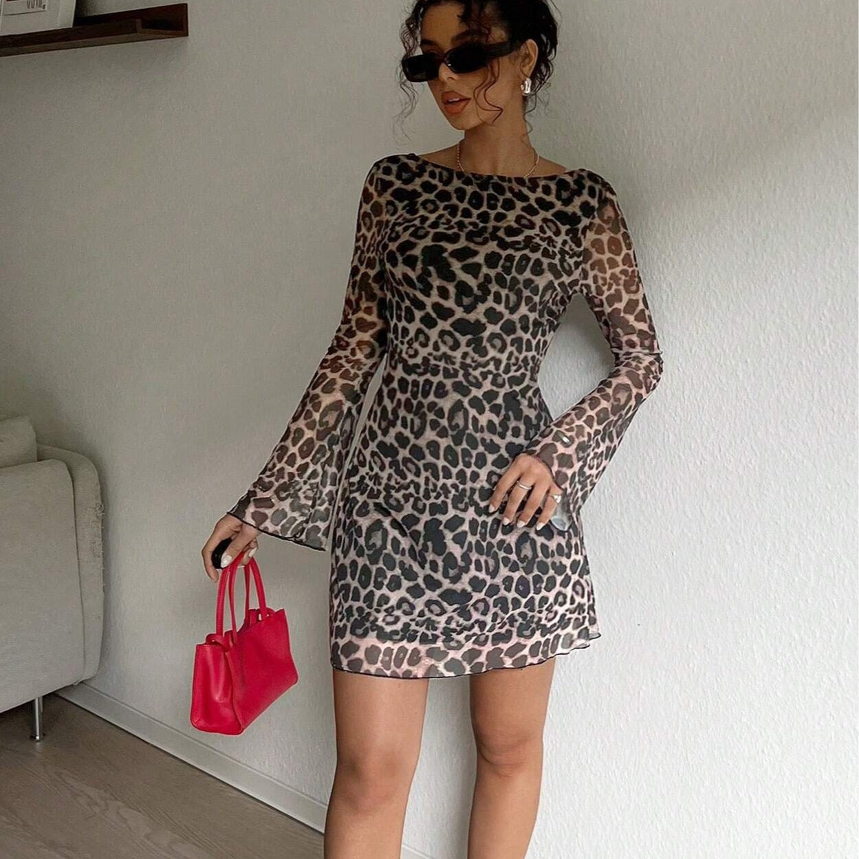 Backless Leopard Print Long Sleeve Dress