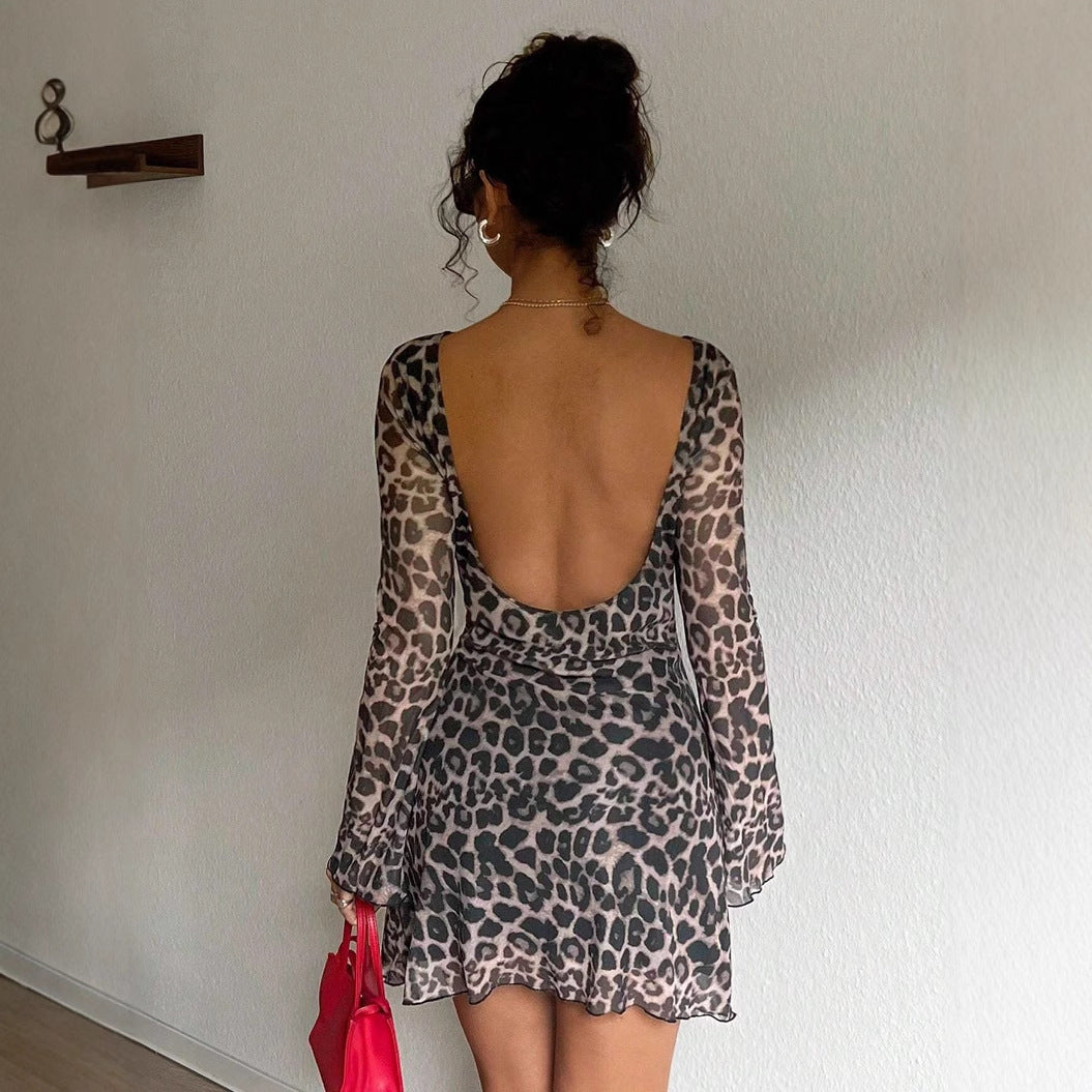 Backless Leopard Print Long Sleeve Dress