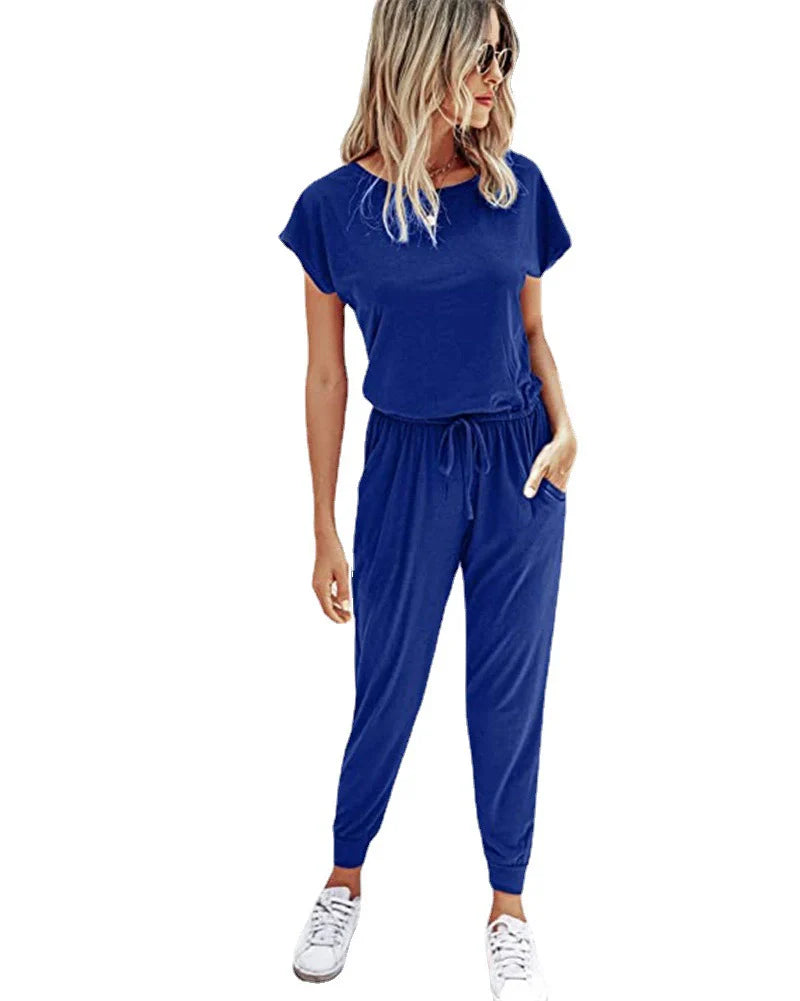 Slanted Shoulder Short Sleeve Pocket Jumpsuit