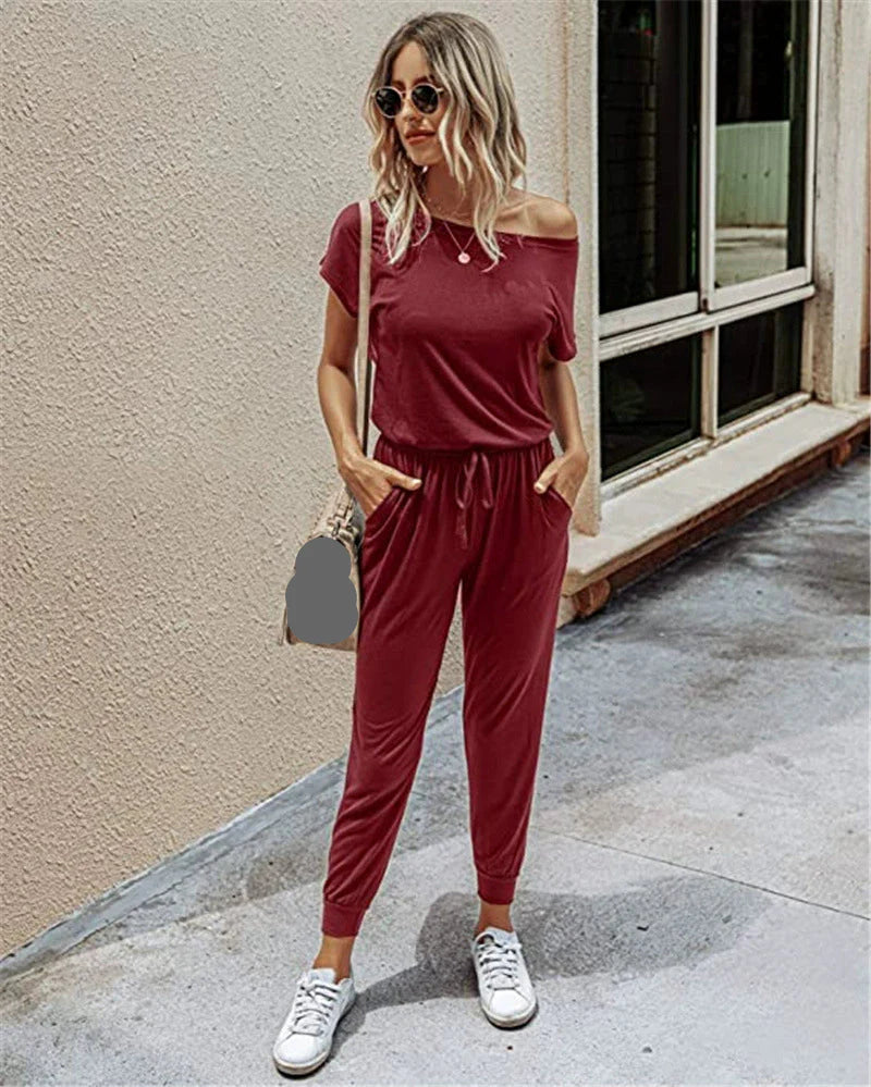 Slanted Shoulder Short Sleeve Pocket Jumpsuit