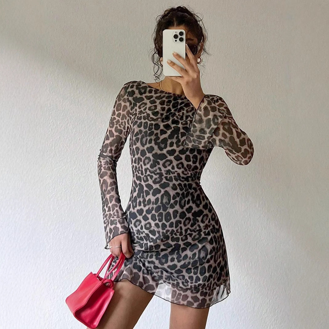 Backless Leopard Print Long Sleeve Dress