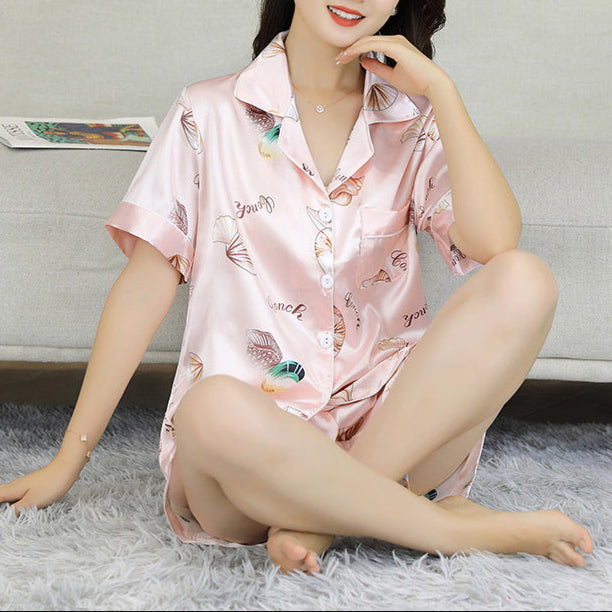 Printed Collar Long Sleeve Shirt 2 Piece Pajama Set