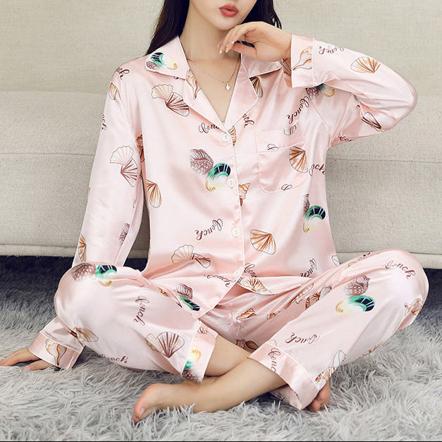 Printed Collar Long Sleeve Shirt 2 Piece Pajama Set