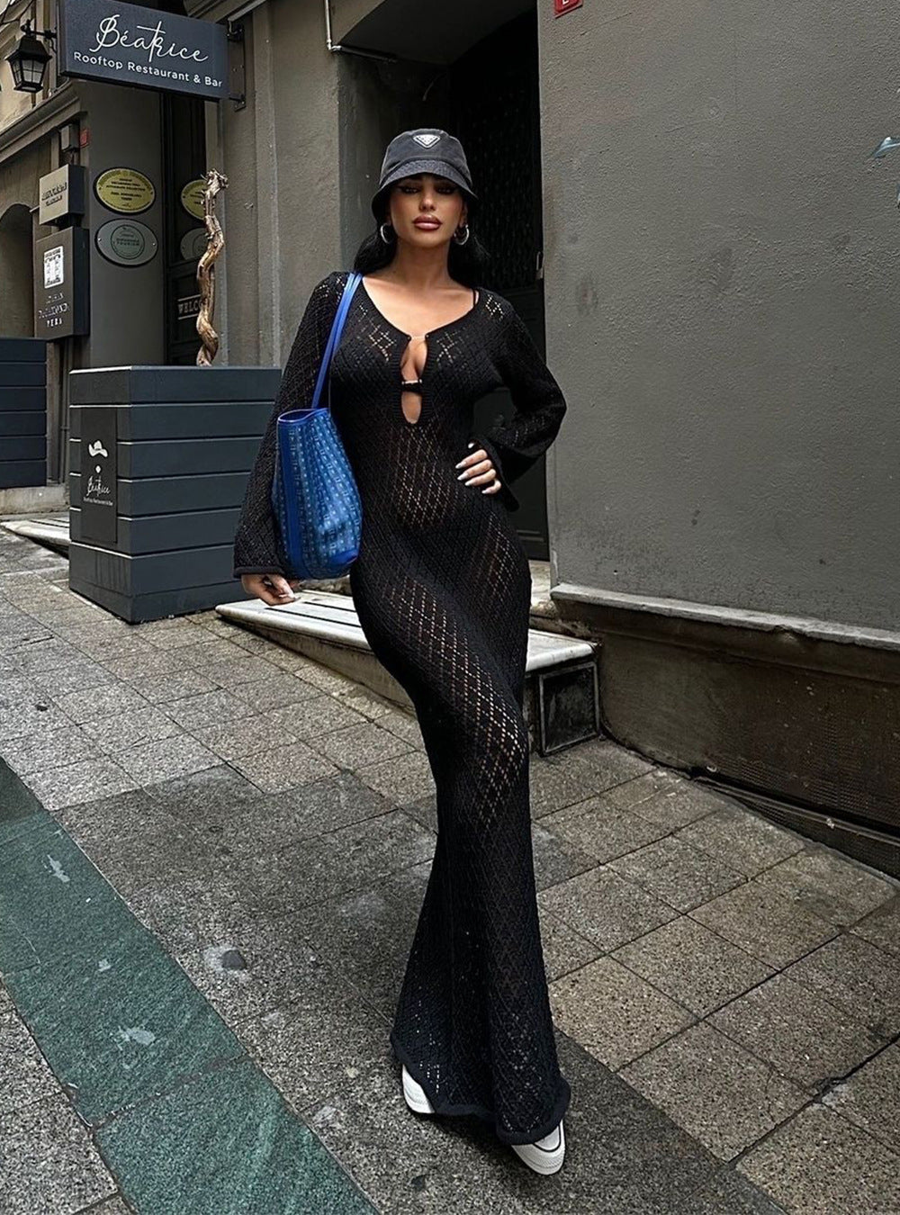 V-neck Cutout Long Dress Knit