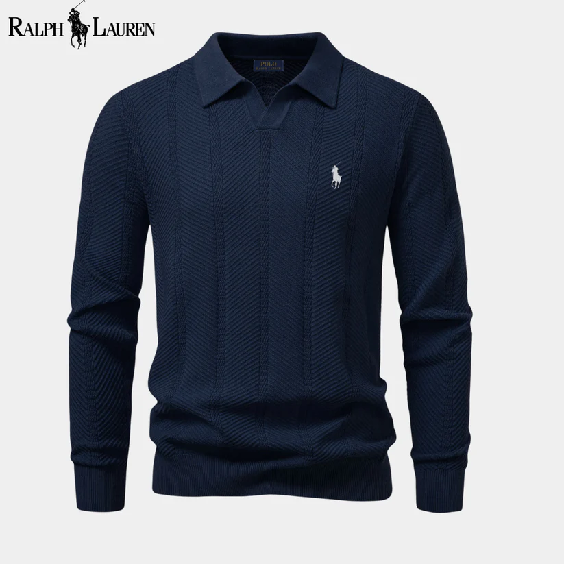 Men's long-sleeved knitted V-neck polo shirt