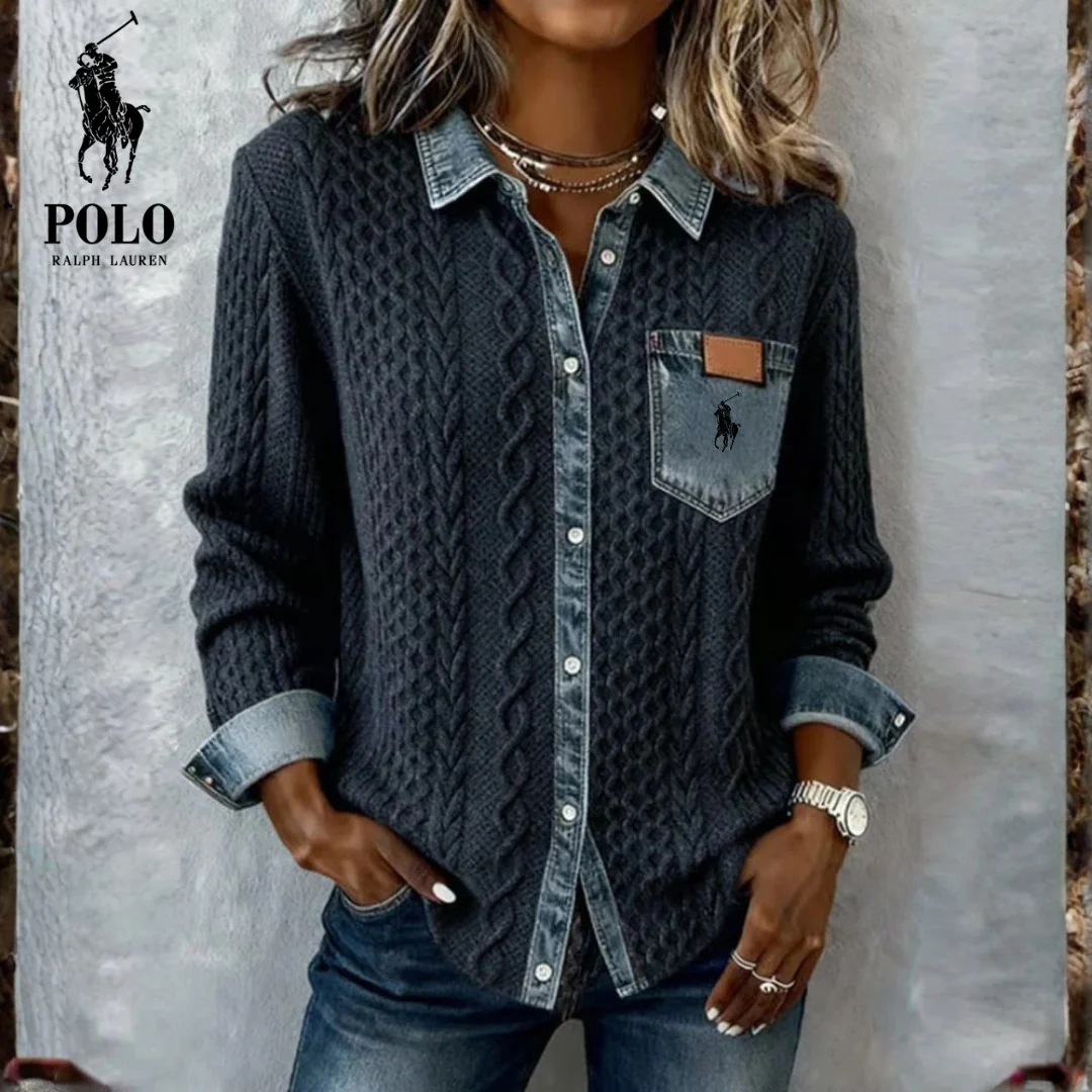 Denim-Trim Cable Knit Shirt