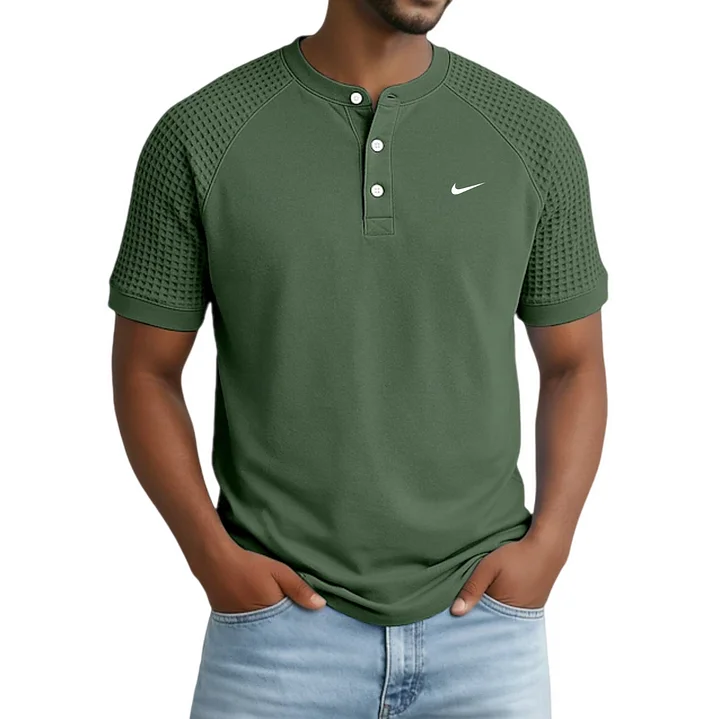 2026 Men's Casual Button Raglan Sleeve Waffle Henley Collar Short-Sleeve T-Shirt