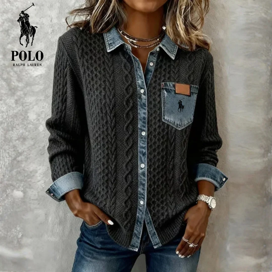 Denim-Trim Cable Knit Shirt