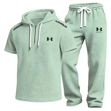 Men's Waffle-Knit Short-Sleeve Hoodie and Shorts Set