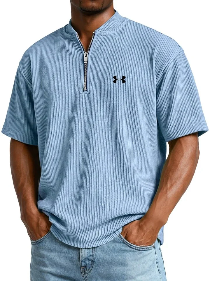 Men's Ribbed T-Shirt with Zip Collar and Short Sleeves