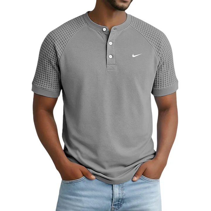 2026 Men's Casual Button Raglan Sleeve Waffle Henley Collar Short-Sleeve T-Shirt