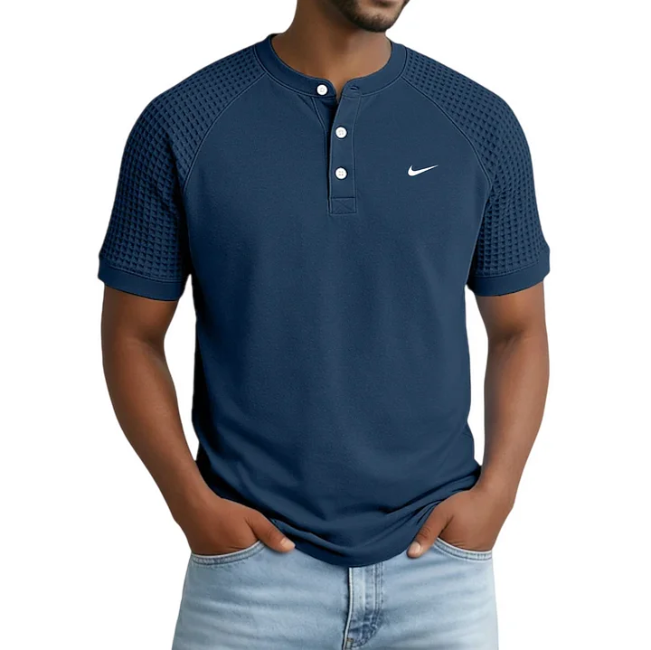 2026 Men's Casual Button Raglan Sleeve Waffle Henley Collar Short-Sleeve T-Shirt