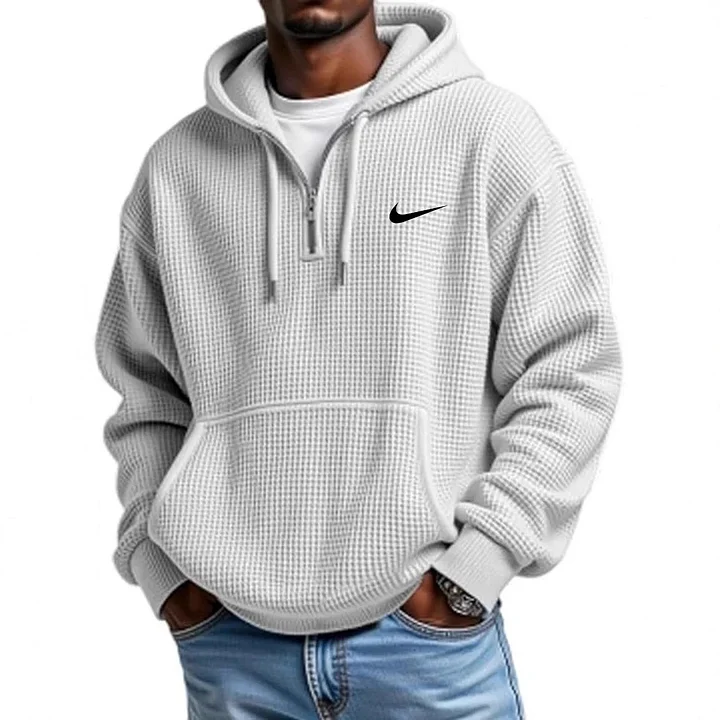 Men's Casual Solid Waffle Zipper Long Sleeve Hooded Sweatshirt