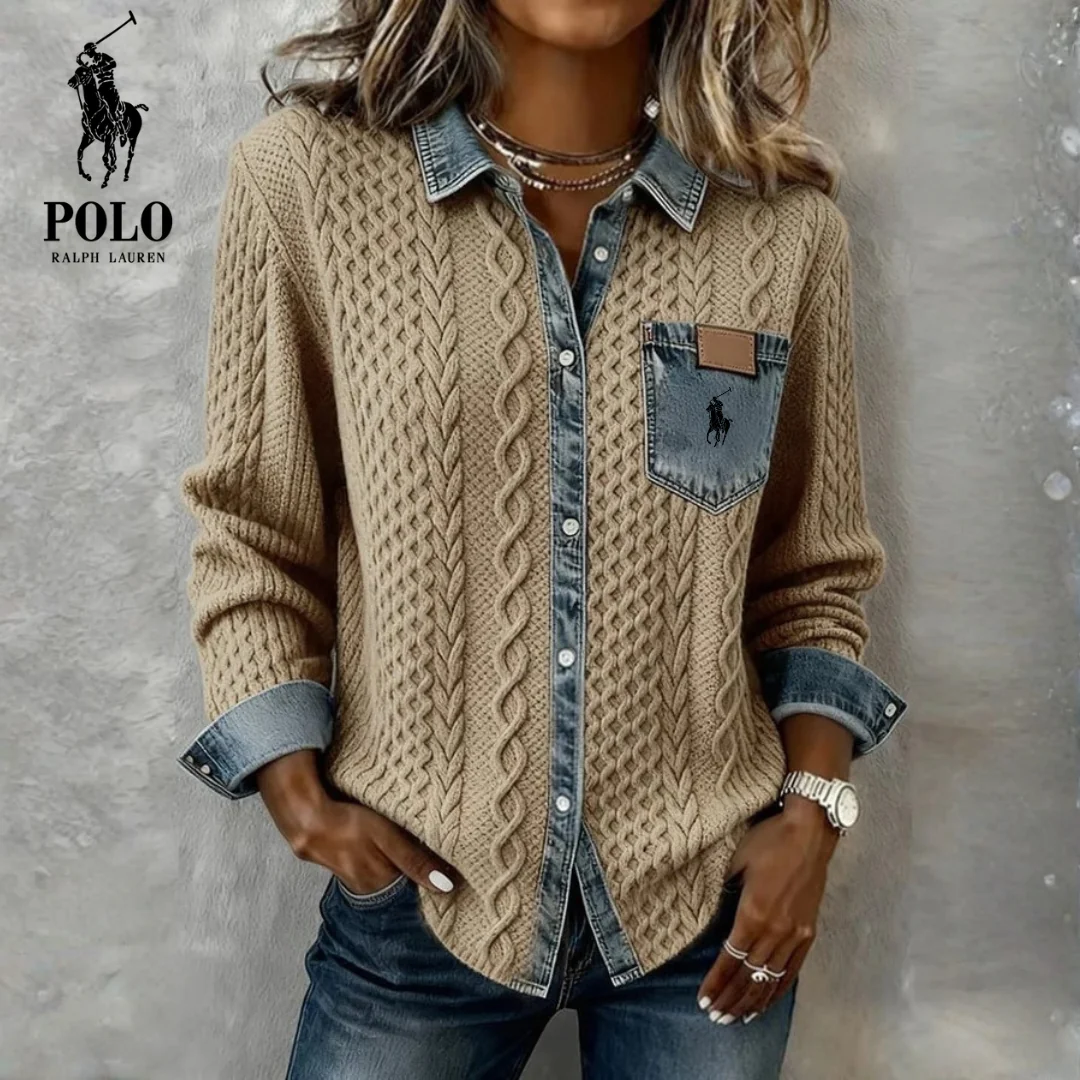 Denim-Trim Cable Knit Shirt