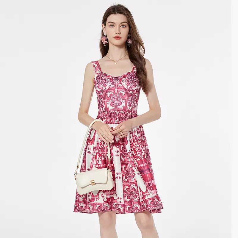 Retro-print structured strapless dress
