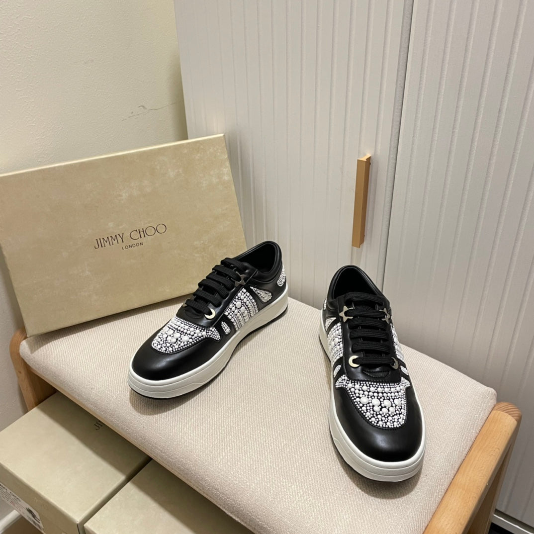 JC new diamond-encrusted lace-up white shoes