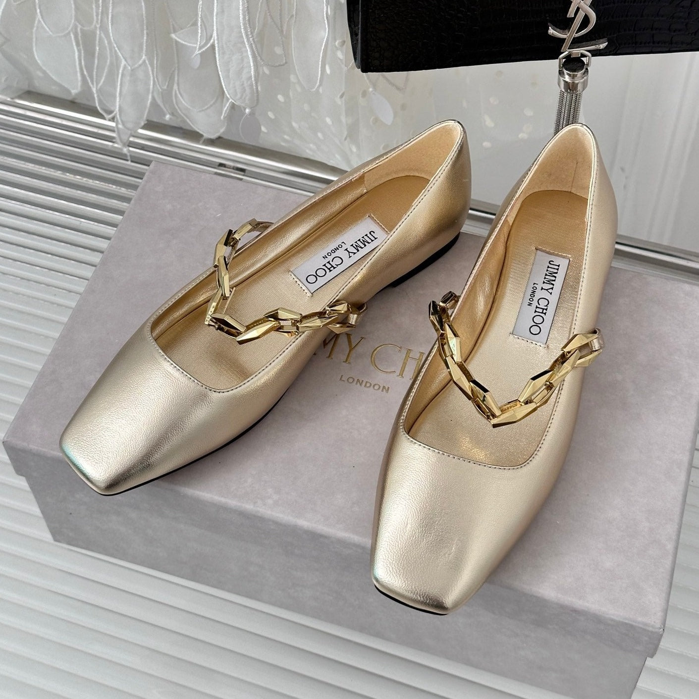 J**C*  1:1 VIP new high quality metal chain small square toe Mary Jane shoes