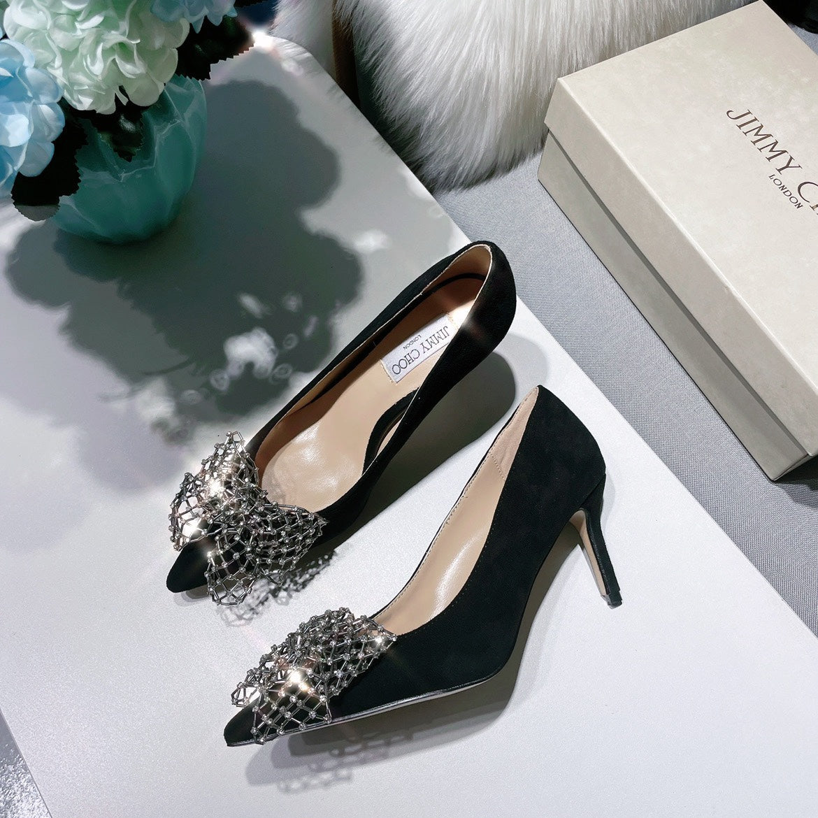 JC ** New MANA series high heels with eye-catching rhinestone bow buckle