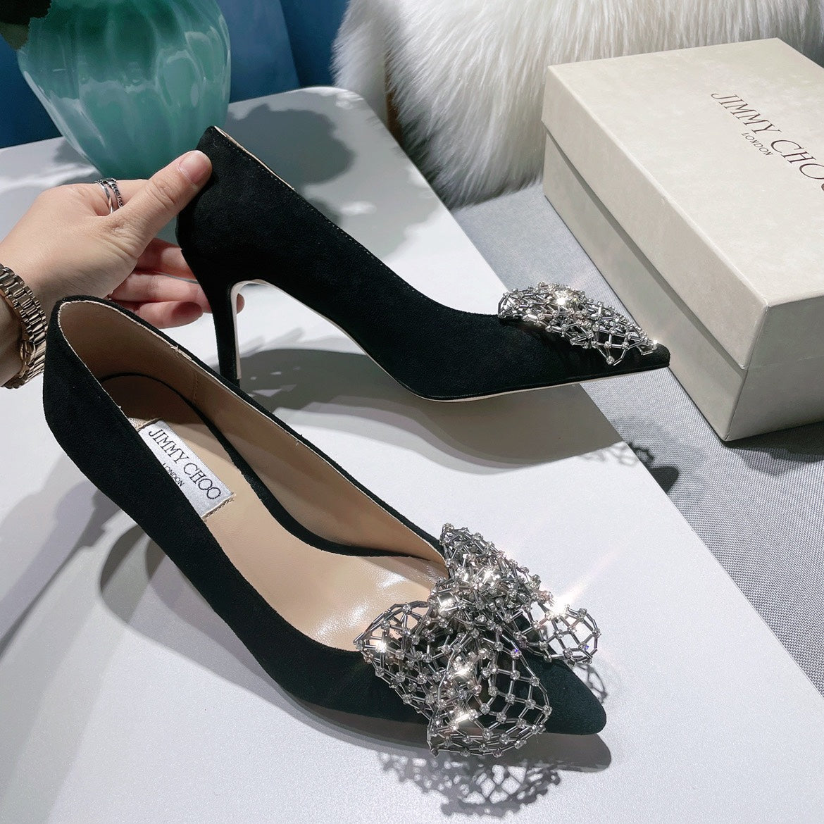 JC ** New MANA series high heels with eye-catching rhinestone bow buckle