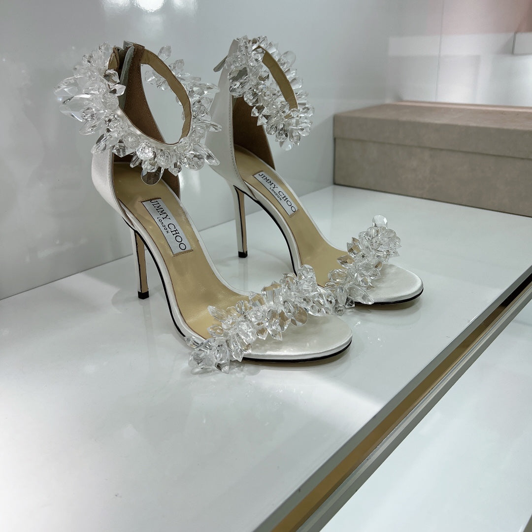 JC spring transparent crystal embellished silk satin jc high heel sandals