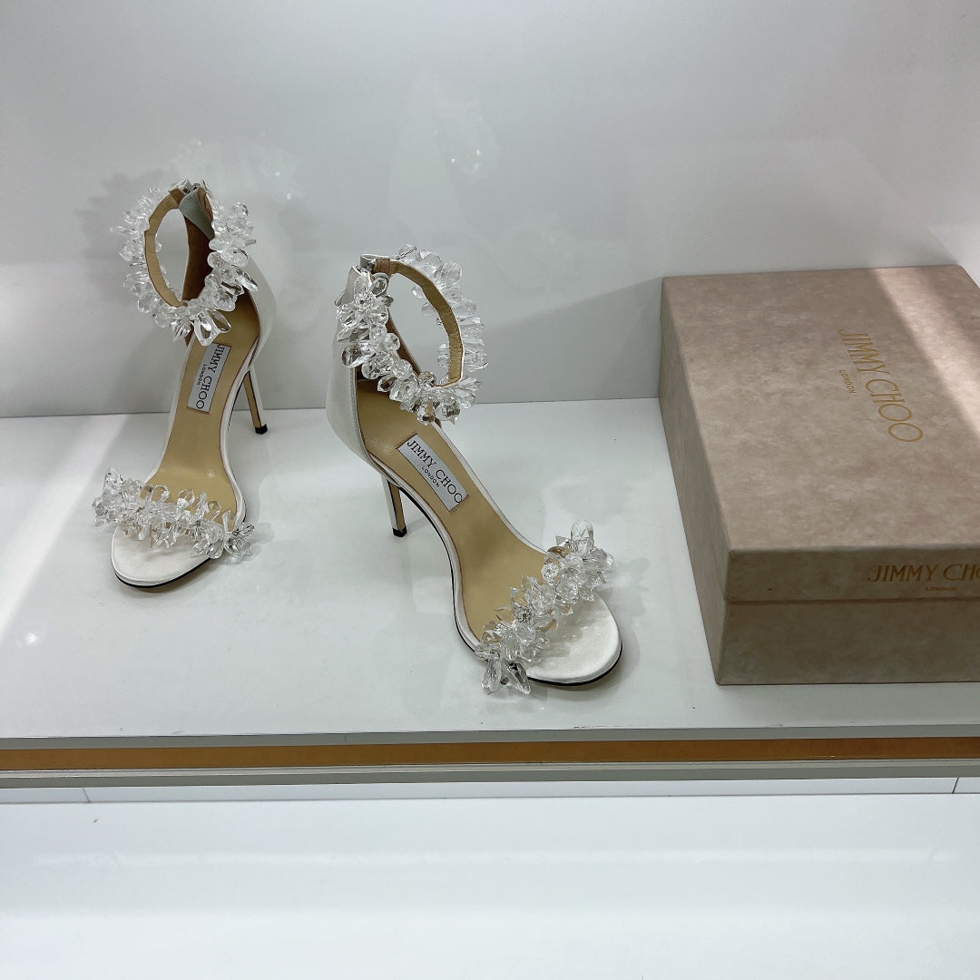 JC spring transparent crystal embellished silk satin jc high heel sandals