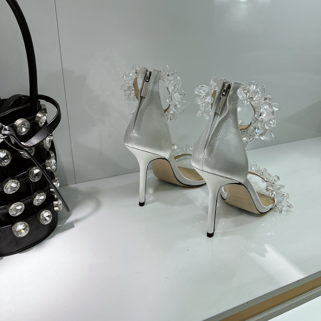 JC spring transparent crystal embellished silk satin jc high heel sandals