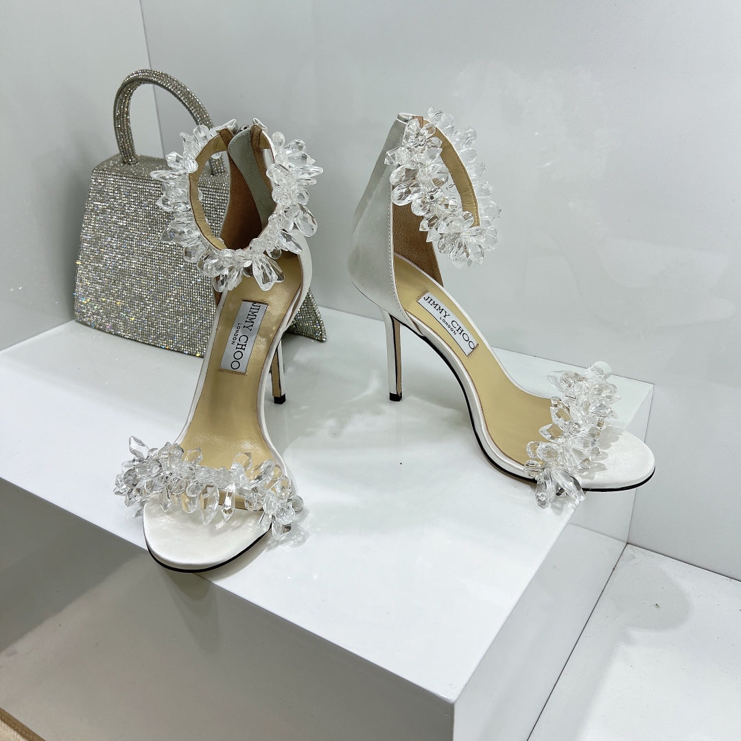 JC spring transparent crystal embellished silk satin jc high heel sandals