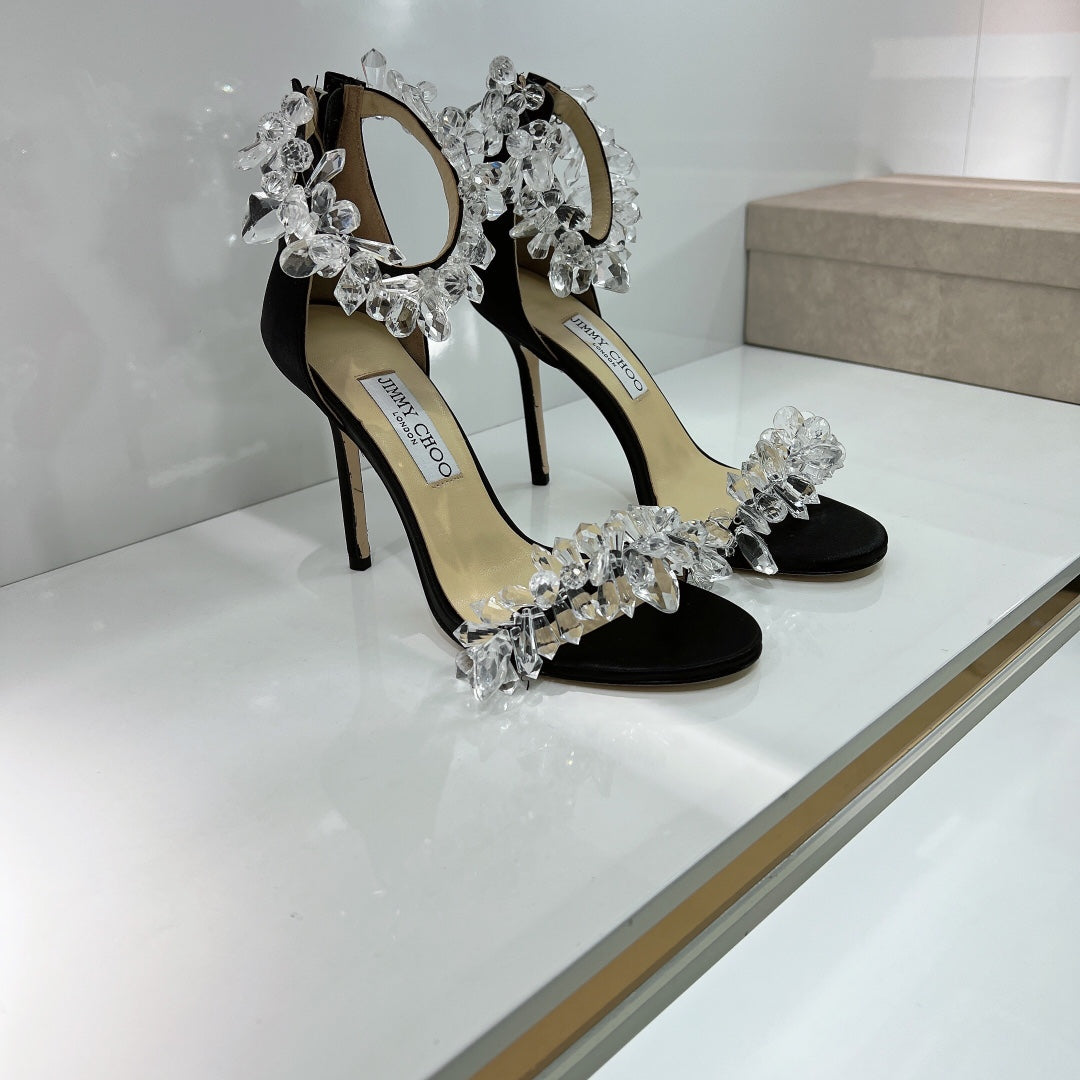 JC spring transparent crystal embellished silk satin jc high heel sandals