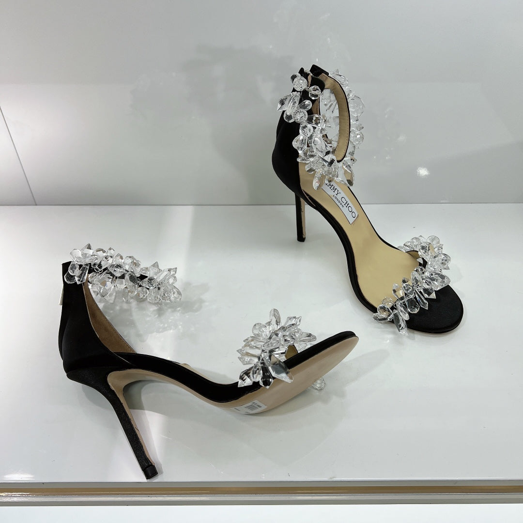 JC spring transparent crystal embellished silk satin jc high heel sandals