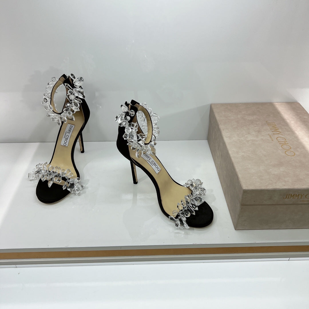JC spring transparent crystal embellished silk satin jc high heel sandals