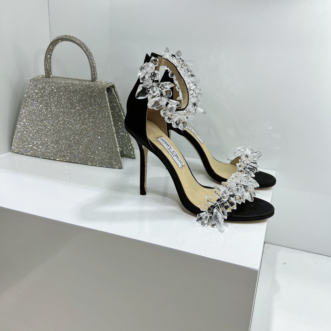 JC spring transparent crystal embellished silk satin jc high heel sandals