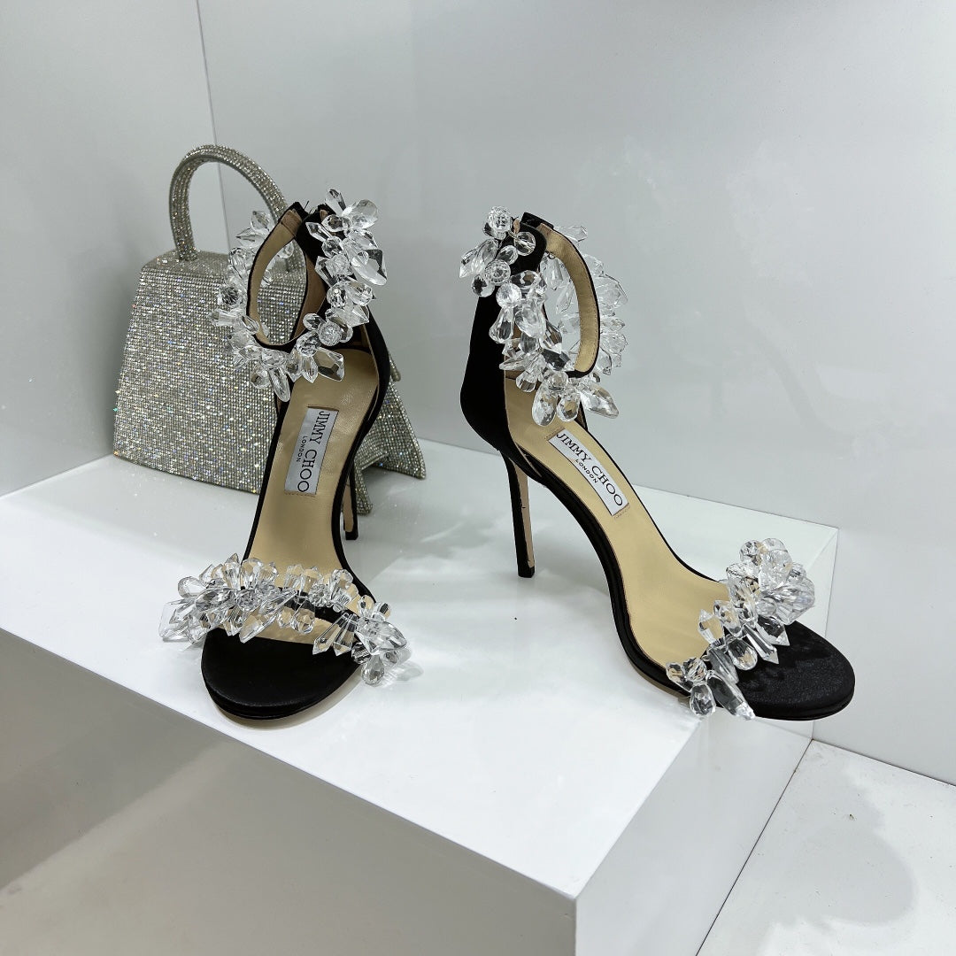 JC spring transparent crystal embellished silk satin jc high heel sandals