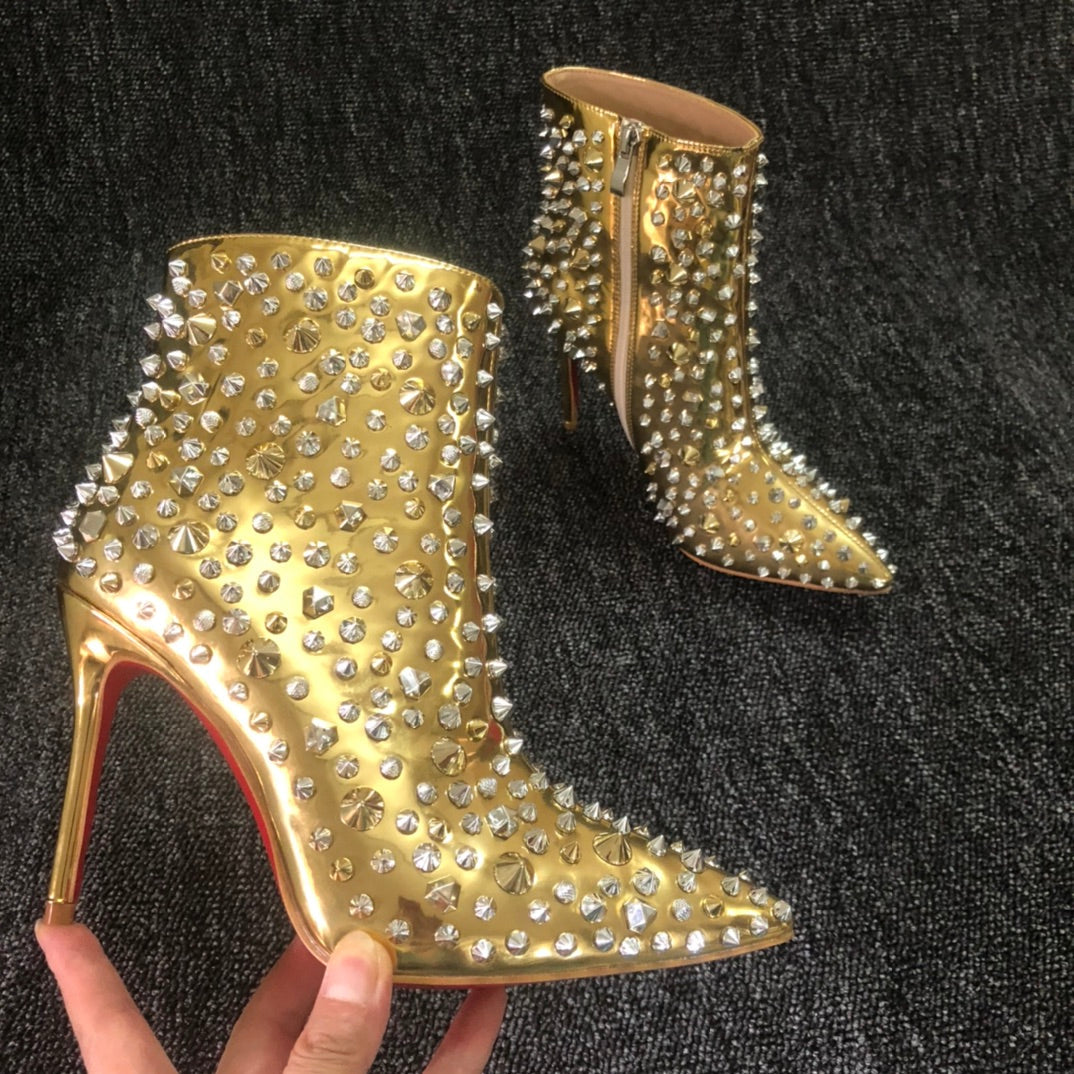 Loubouti* 1: 1 VIP   latest red-soled high-heeled shoes, women's short boots, gold rivets