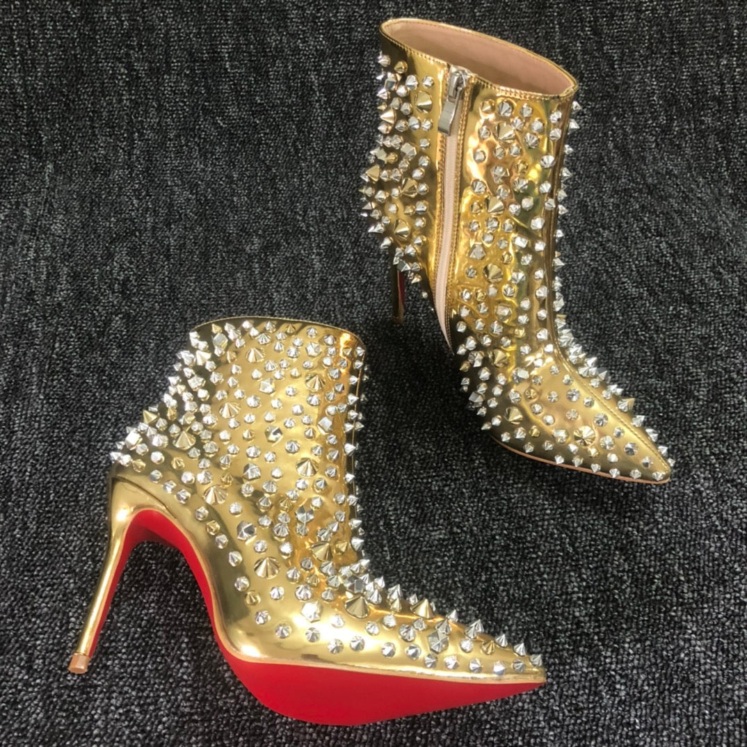 Loubouti* 1: 1 VIP   latest red-soled high-heeled shoes, women's short boots, gold rivets