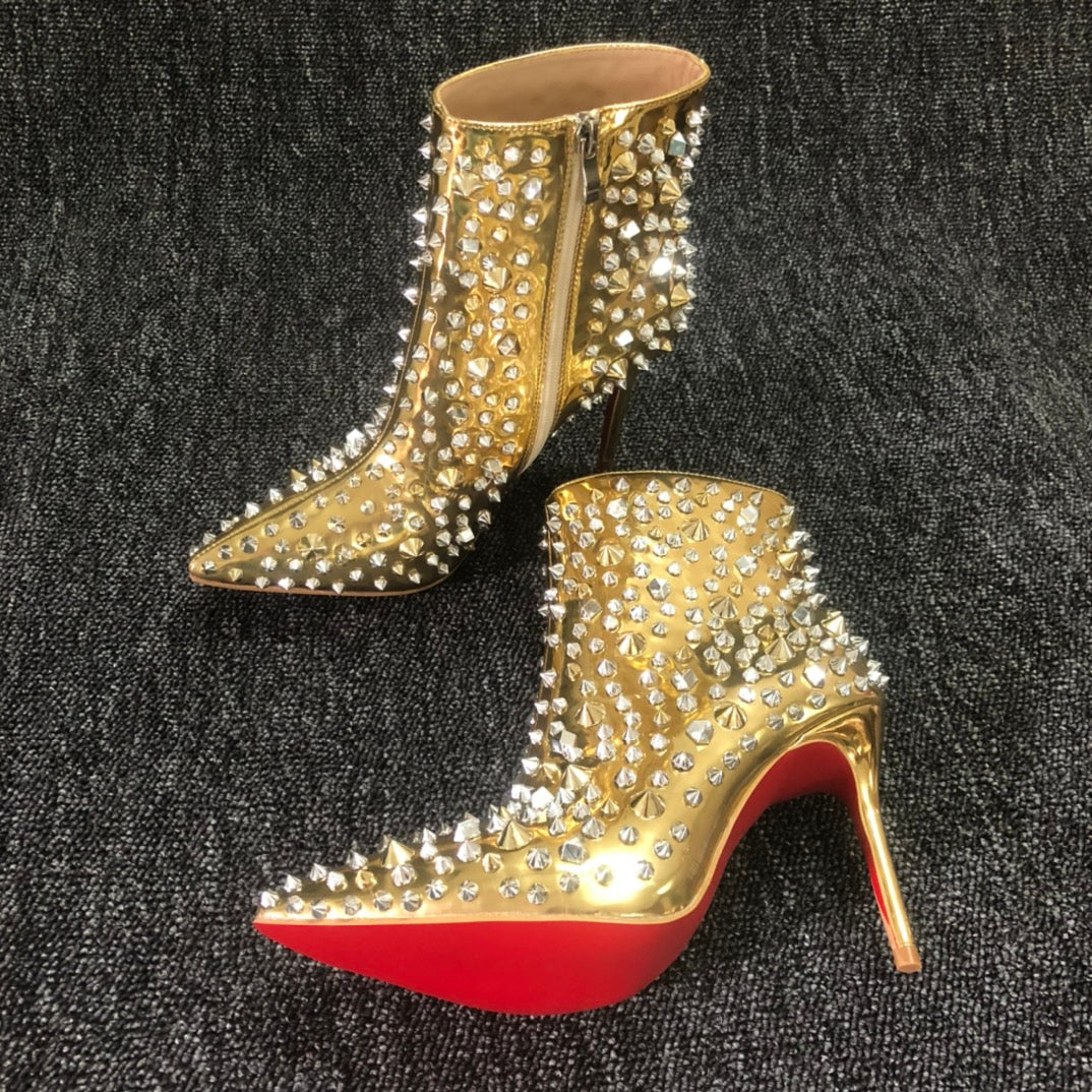 Loubouti* 1: 1 VIP   latest red-soled high-heeled shoes, women's short boots, gold rivets