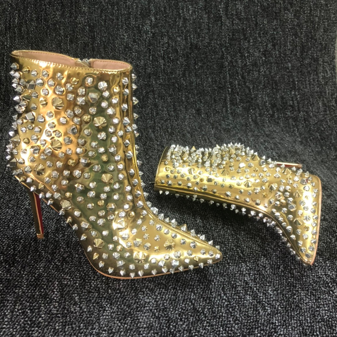 Loubouti* 1: 1 VIP   latest red-soled high-heeled shoes, women's short boots, gold rivets