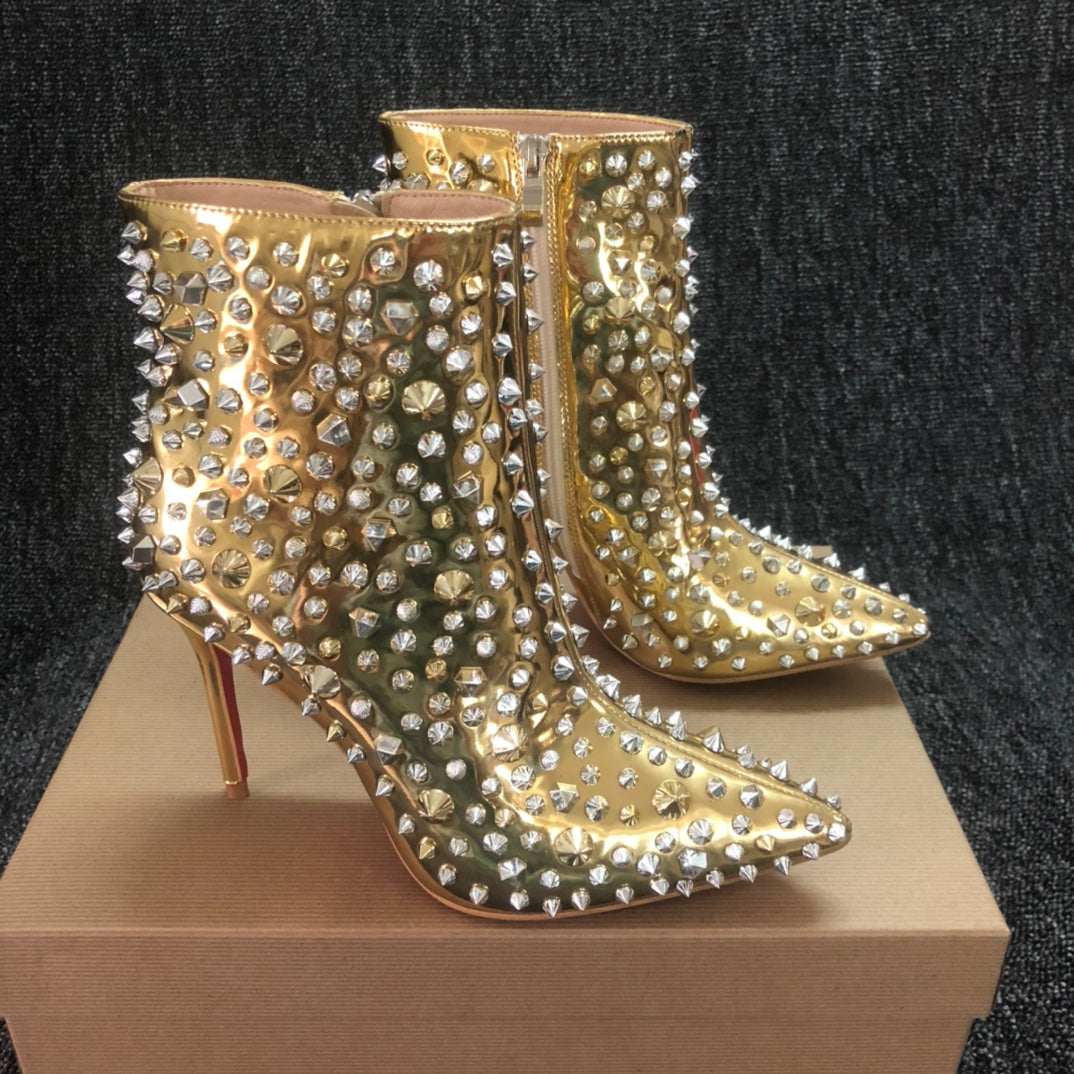 Loubouti* 1: 1 VIP   latest red-soled high-heeled shoes, women's short boots, gold rivets
