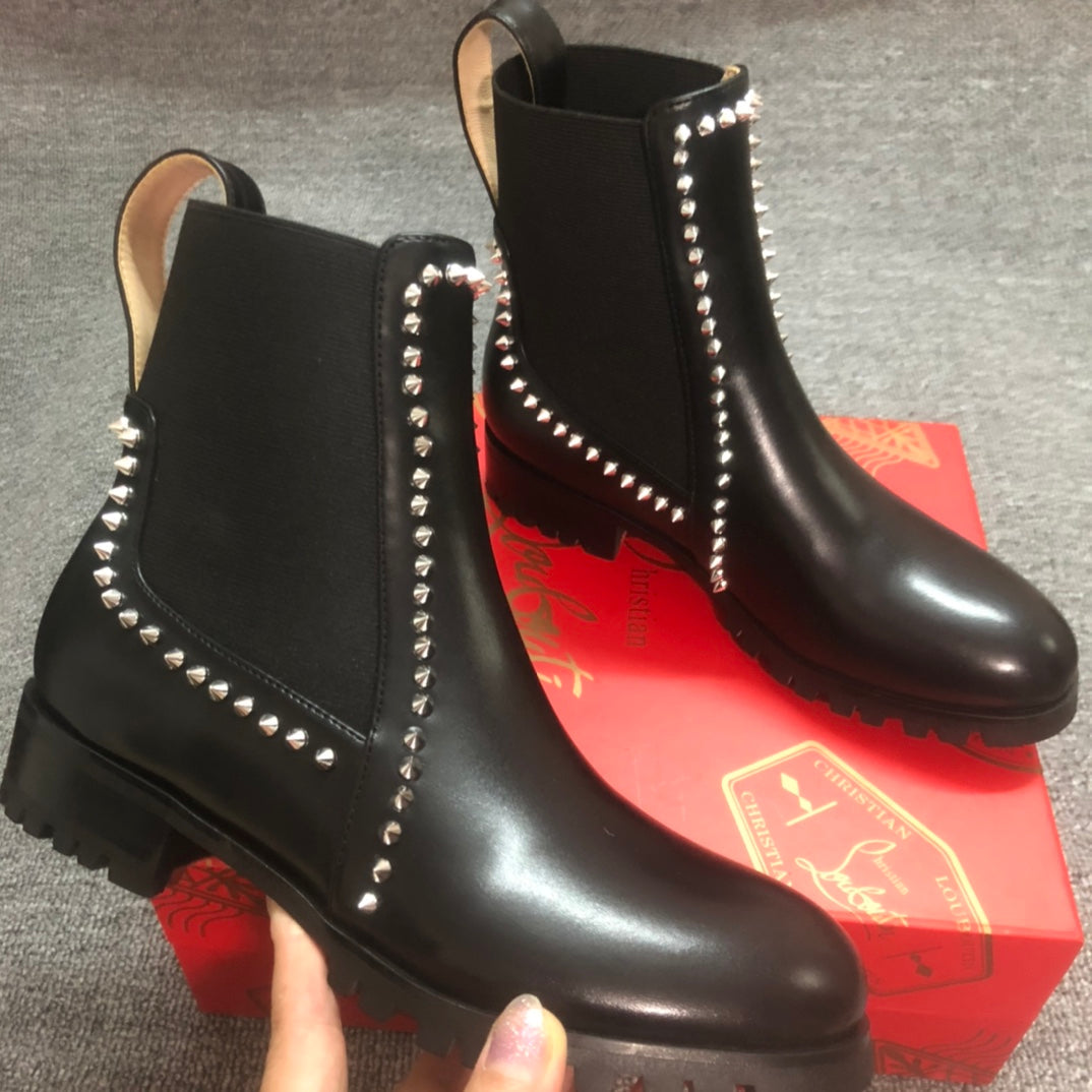 Loubouti* 1: 1 VIP new rivet red sole shoes round toe women's short boots