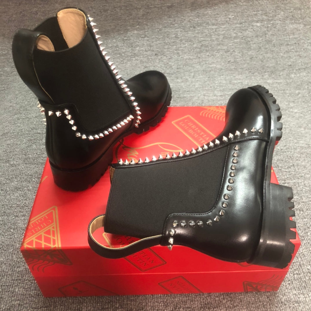 Loubouti* 1: 1 VIP new rivet red sole shoes round toe women's short boots