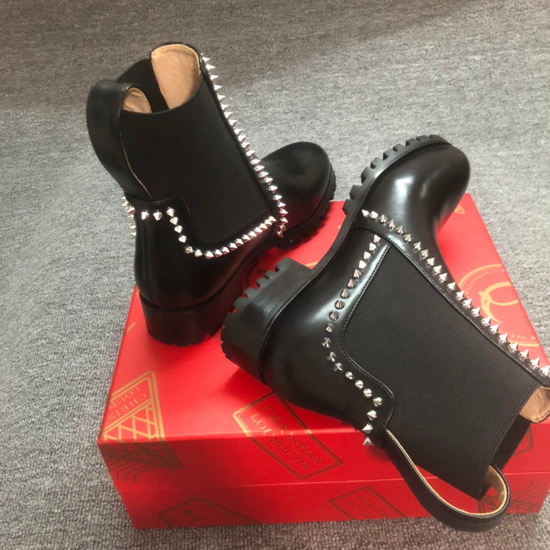 Loubouti* 1: 1 VIP new rivet red sole shoes round toe women's short boots